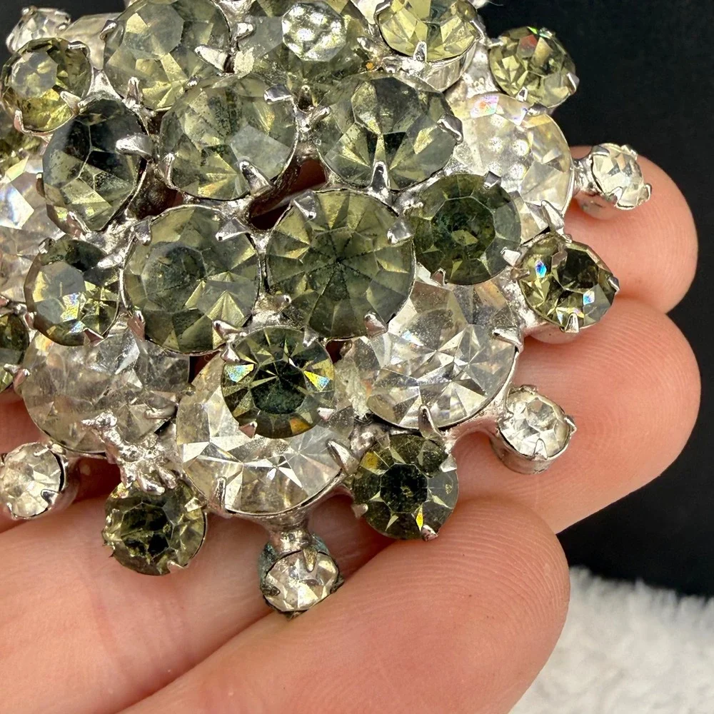 Vintage Rhinestone Brooch Olive Green Clear Sunburst Silver Tone